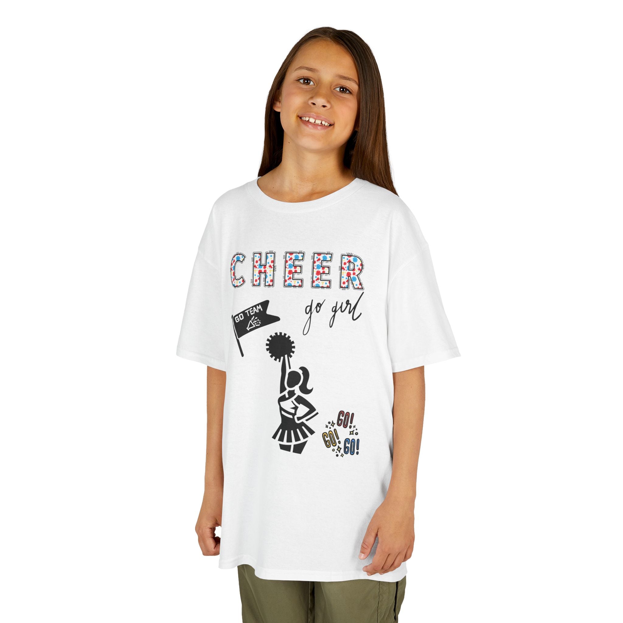 Young girl wearing a youth Gildan 5000B heavy cotton t-shirt in white with a Cheerleader theme