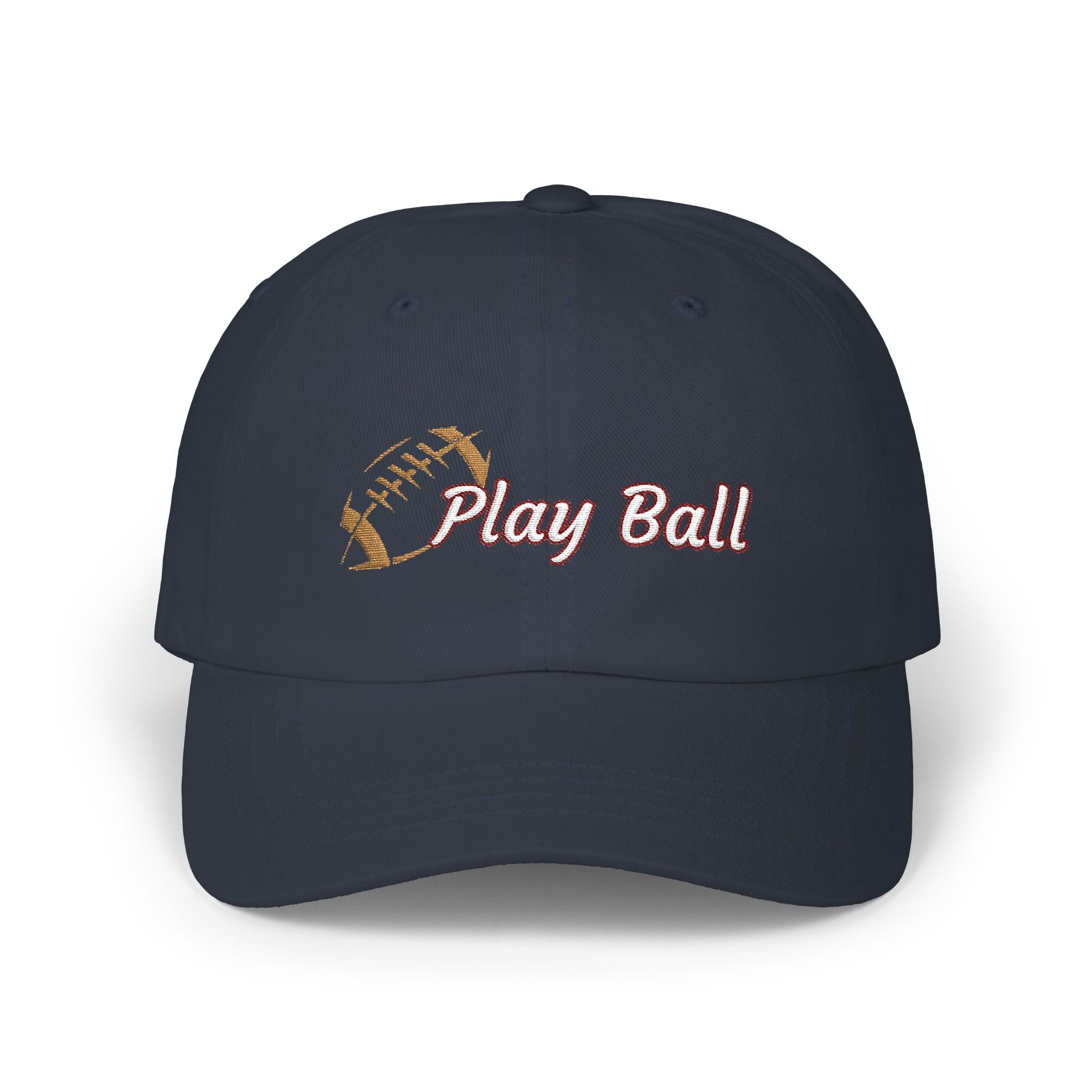 Navy classic cap with an embroidered football and text that says Play Ball.
