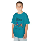 Young boy wearing a youth Gildan 5000B heavy cotton t-shirt in tropical blue with a Wrestling text and graphic