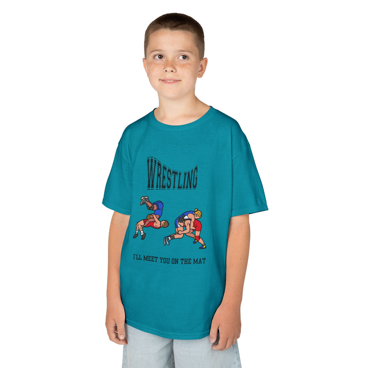Young boy wearing a youth Gildan 5000B heavy cotton t-shirt in tropical blue with a Wrestling text and graphic
