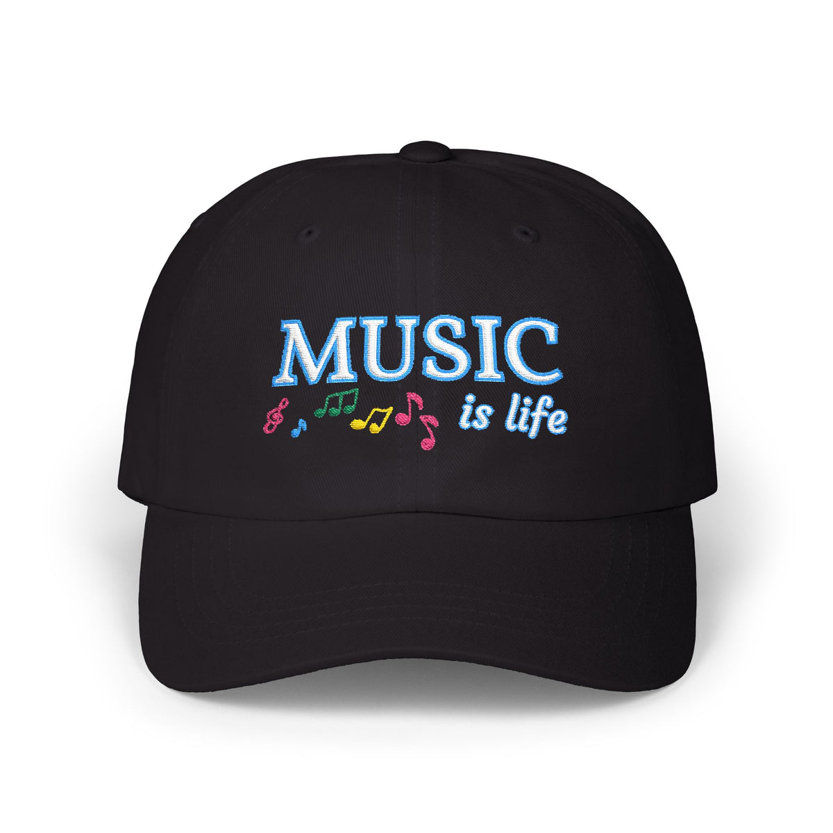 Black cap with an embroidered MUSIC IS LIFE text and musical notes graphic.