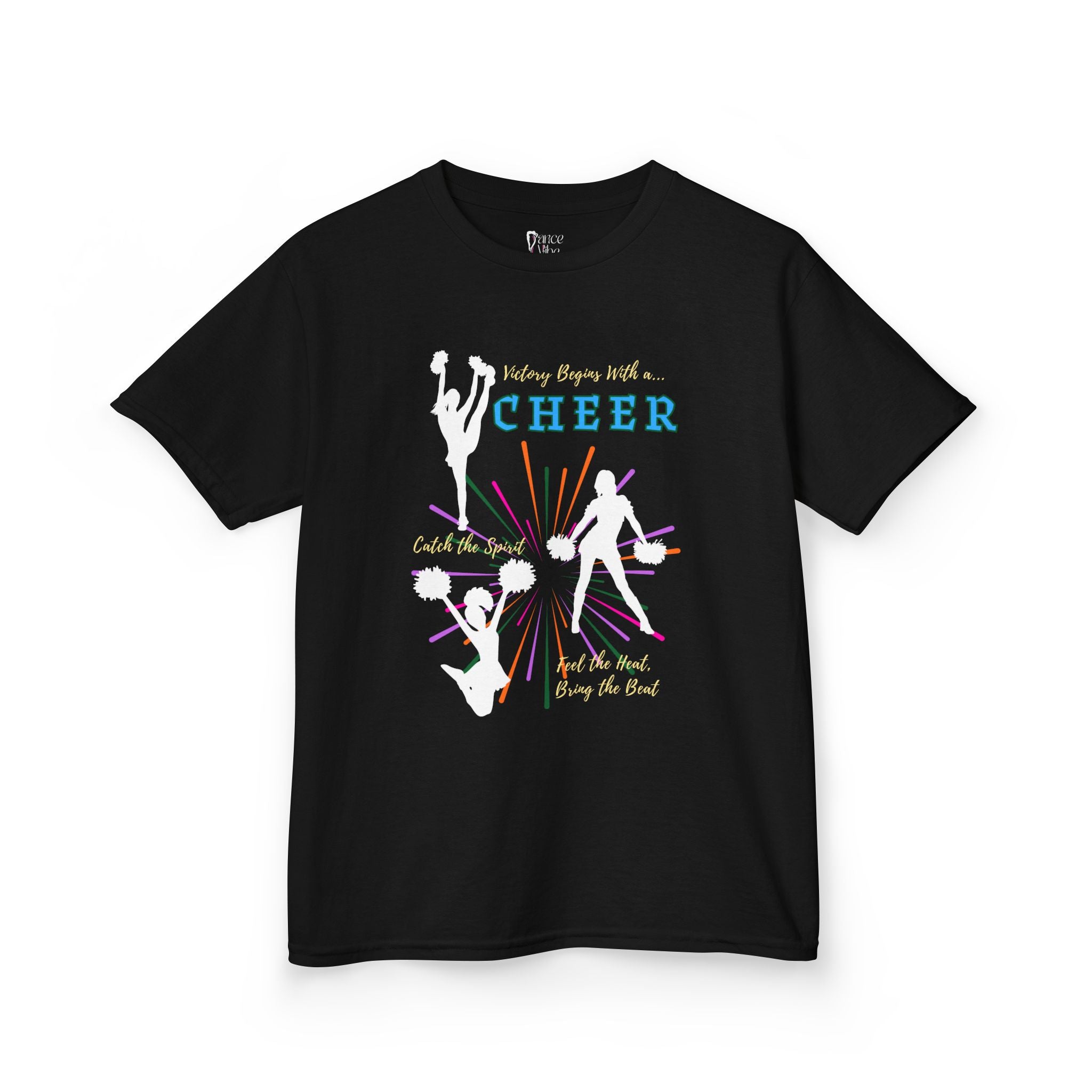 Front view of a youth Gildan 5000B heavy cotton t-shirt in black with a Cheer Team design