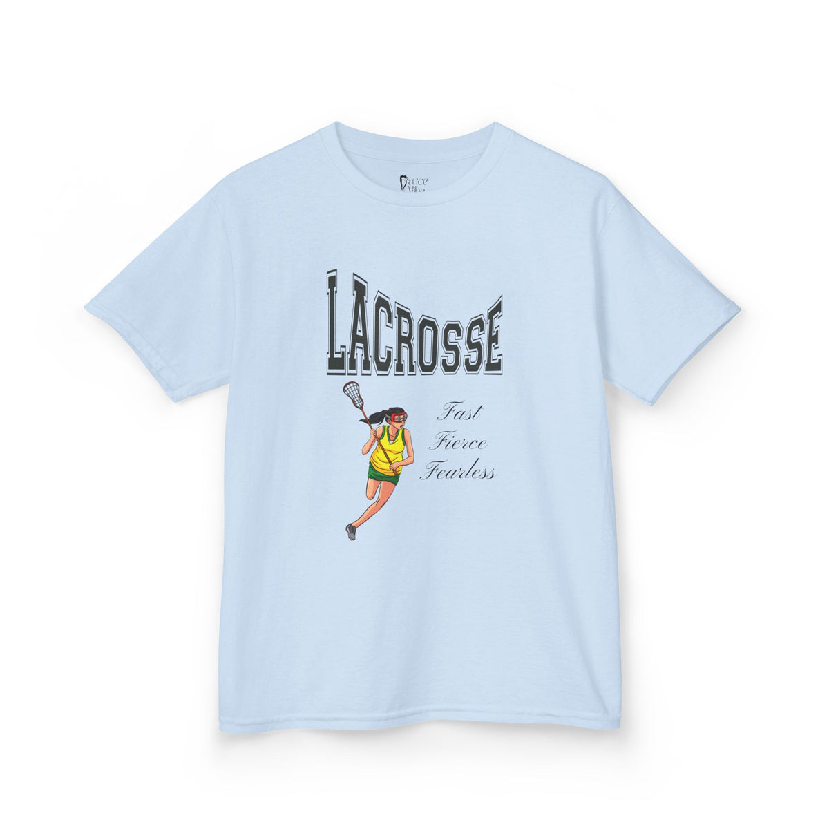 Front view of a youth Gildan 5000B heavy cotton t-shirt in light blue with a Girls Lacrosse theme