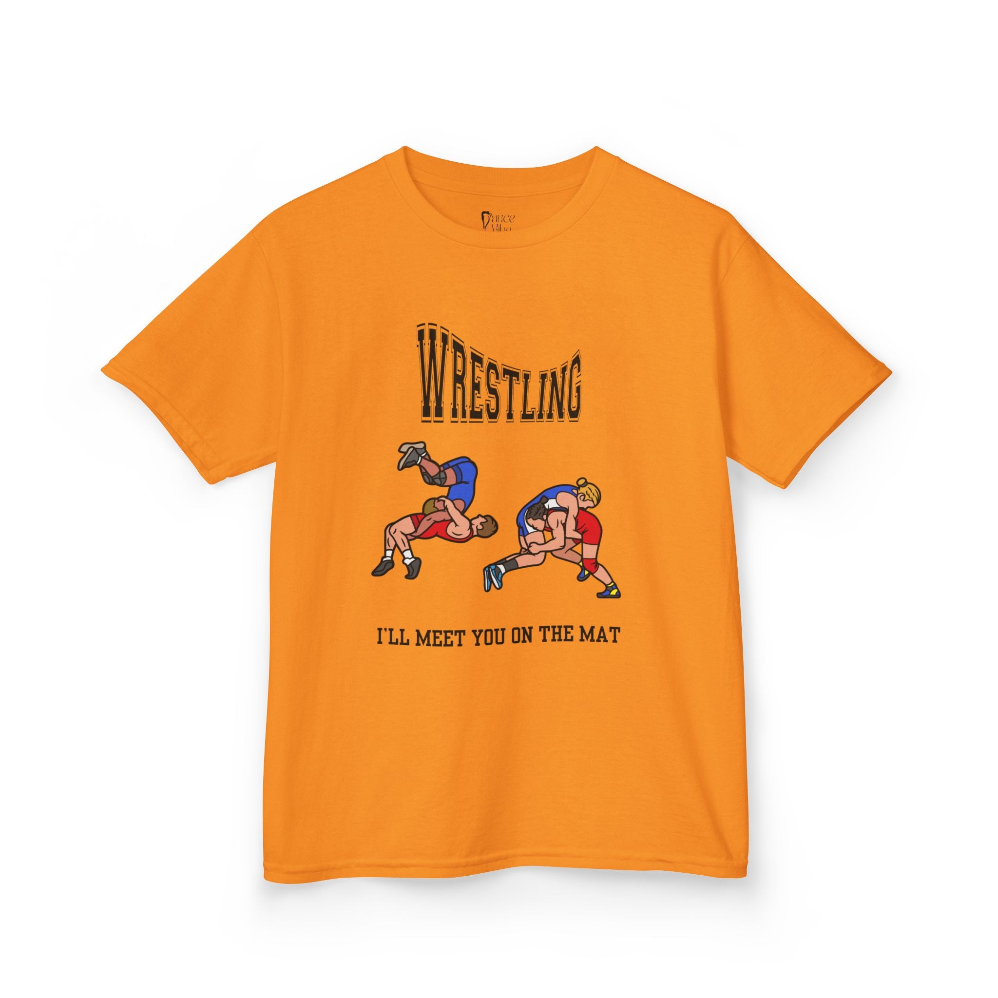 Front view of a youth Gildan 5000B heavy cotton t-shirt in tennessee orange with a Wrestling text and graphic