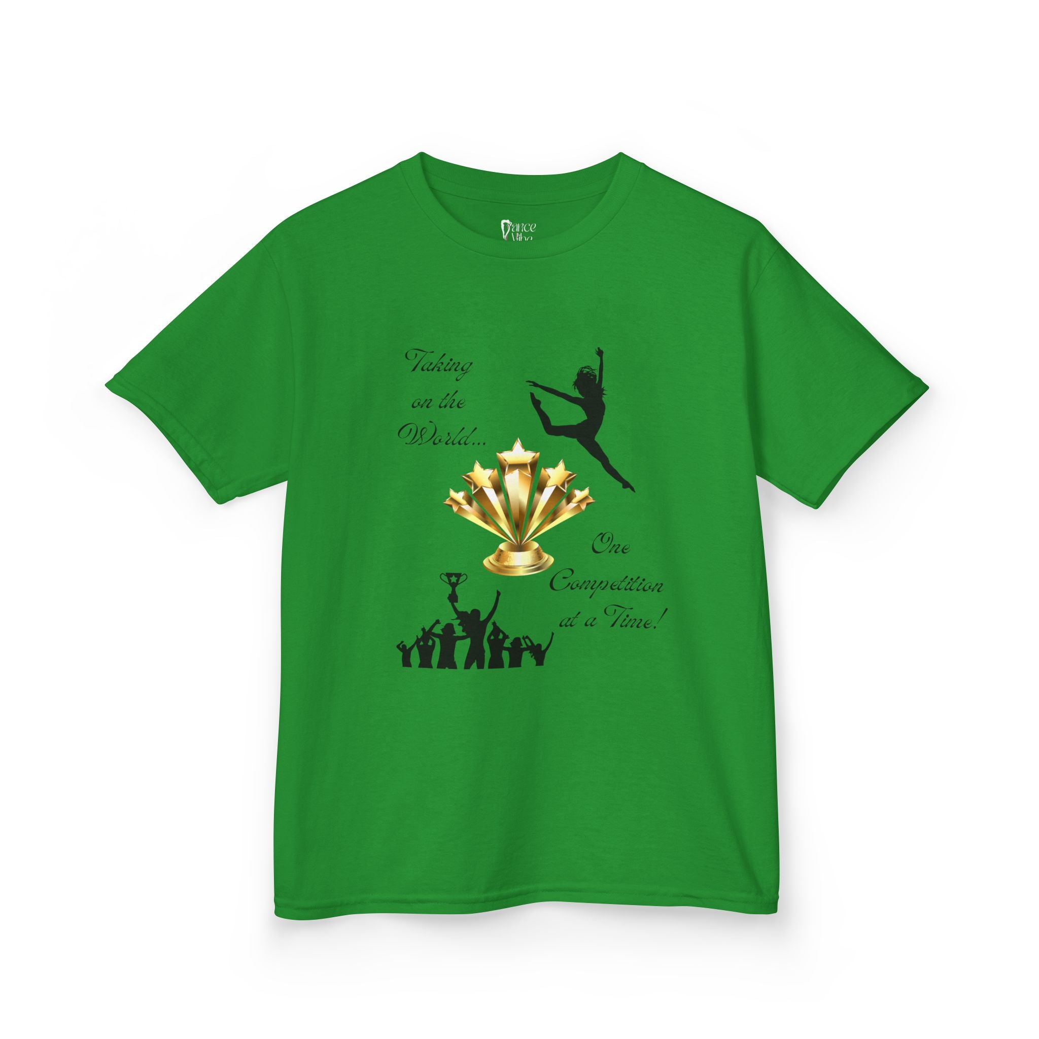 Front view of a youth Gildan 5000B heavy cotton t-shirt in irish green with a Dance Competition theme