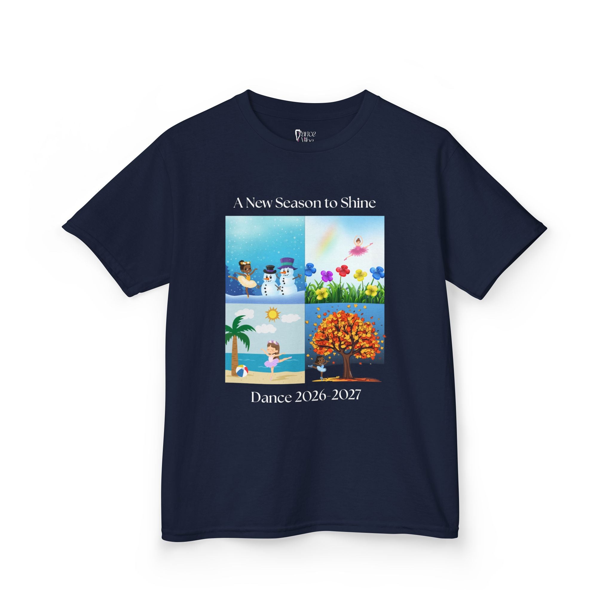 Front view of a youth Gildan 5000B heavy cotton t-shirt in navy with an A New Season to Shine Dance 2026-2027 theme