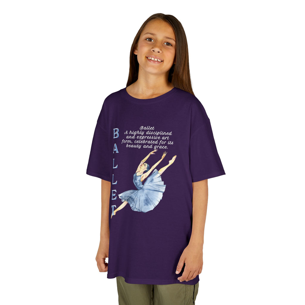 Young girl wearing a youth Gildan 5000B heavy cotton t-shirt in purple with a Ballet text and graphic