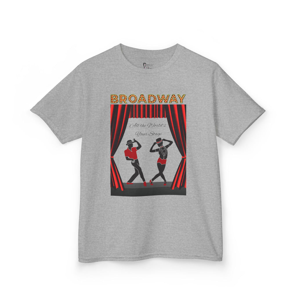 Front view of a youth Gildan 5000B heavy cotton t-shirt in sport grey with a Broadway text and graphic