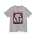 Front view of a youth Gildan 5000B heavy cotton t-shirt in sport grey with a Broadway text and graphic