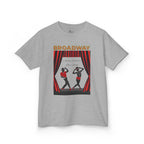 Front view of a youth Gildan 5000B heavy cotton t-shirt in sport grey with a Broadway text and graphic