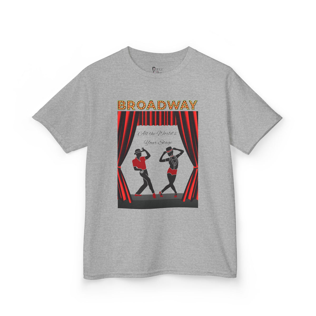 Front view of a youth Gildan 5000B heavy cotton t-shirt in sport grey with a Broadway text and graphic