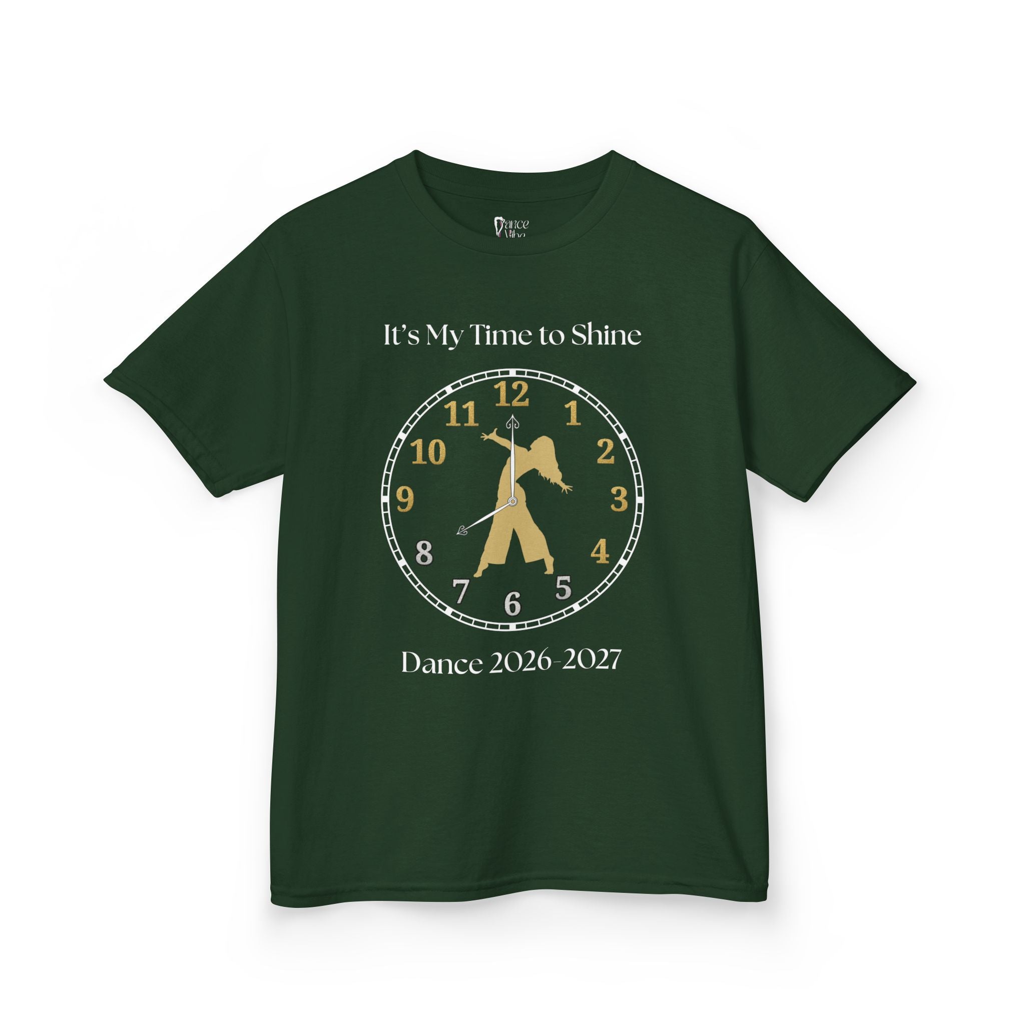 Front view of a youth Gildan 5000B heavy cotton t-shirt in forest green with an It's My Time to Shine Contemporary Dance 2026-2027 theme