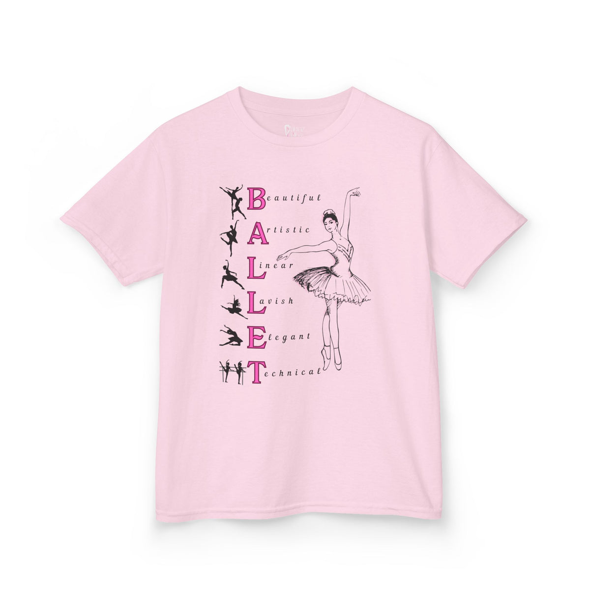 Front view of a youth Gildan 5000B heavy cotton t-shirt in light pink with a Ballet Pointe theme