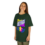 Young girl wearing a youth Gildan 5000B heavy cotton t-shirt in forest green with a Musical Theater rainbow mask graphic