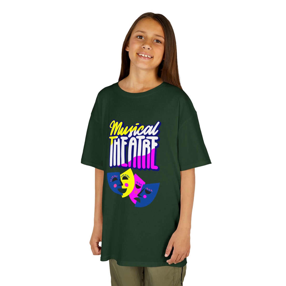 Young girl wearing a youth Gildan 5000B heavy cotton t-shirt in forest green with a Musical Theater rainbow mask graphic