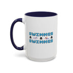 15oz white ceramic Swimmer mug with navy handle and interior Left handed view