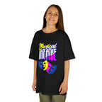 Young girl wearing a youth Gildan 5000B heavy cotton t-shirt in black with a Musical Theater rainbow mask graphic