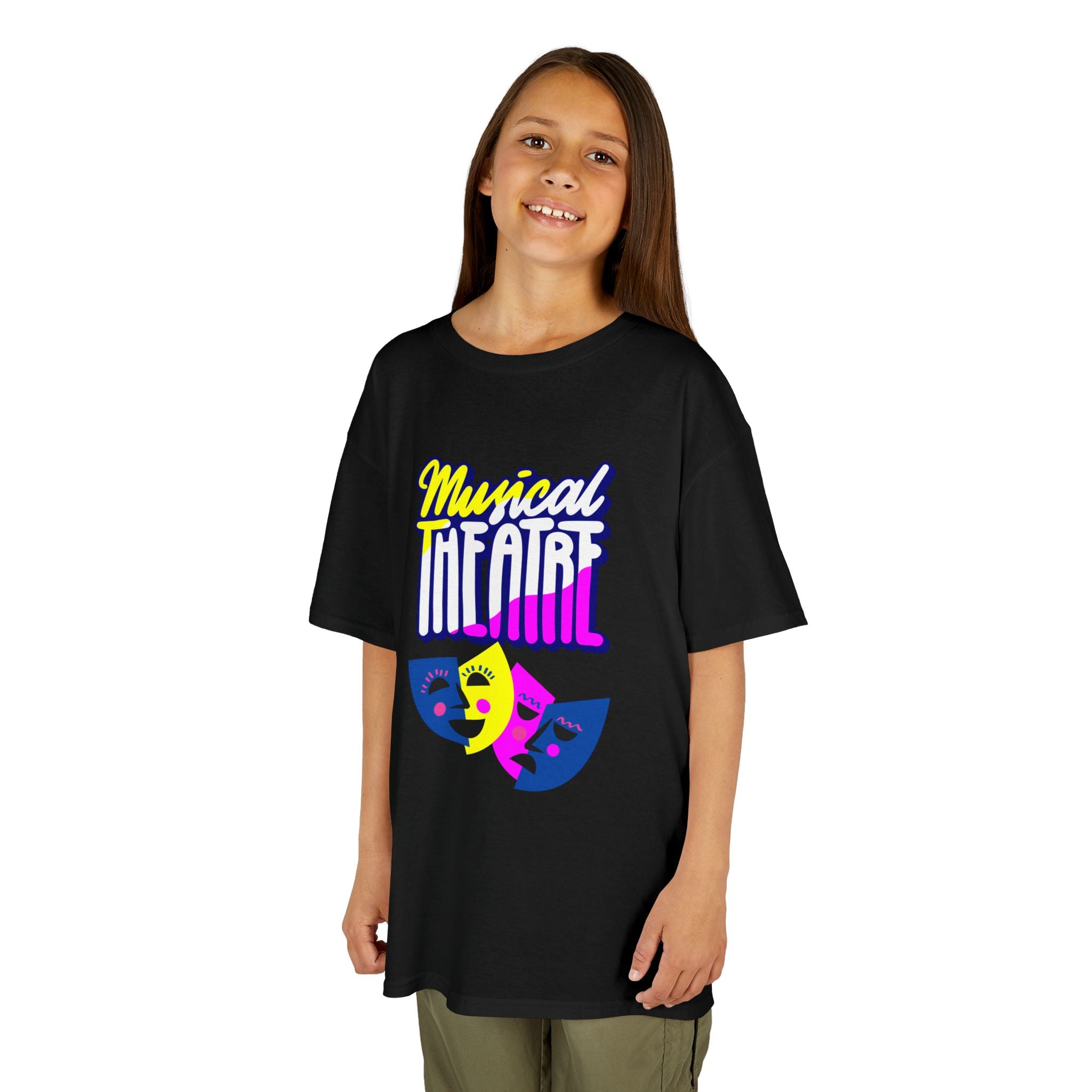 Young girl wearing a youth Gildan 5000B heavy cotton t-shirt in black with a Musical Theater rainbow mask graphic