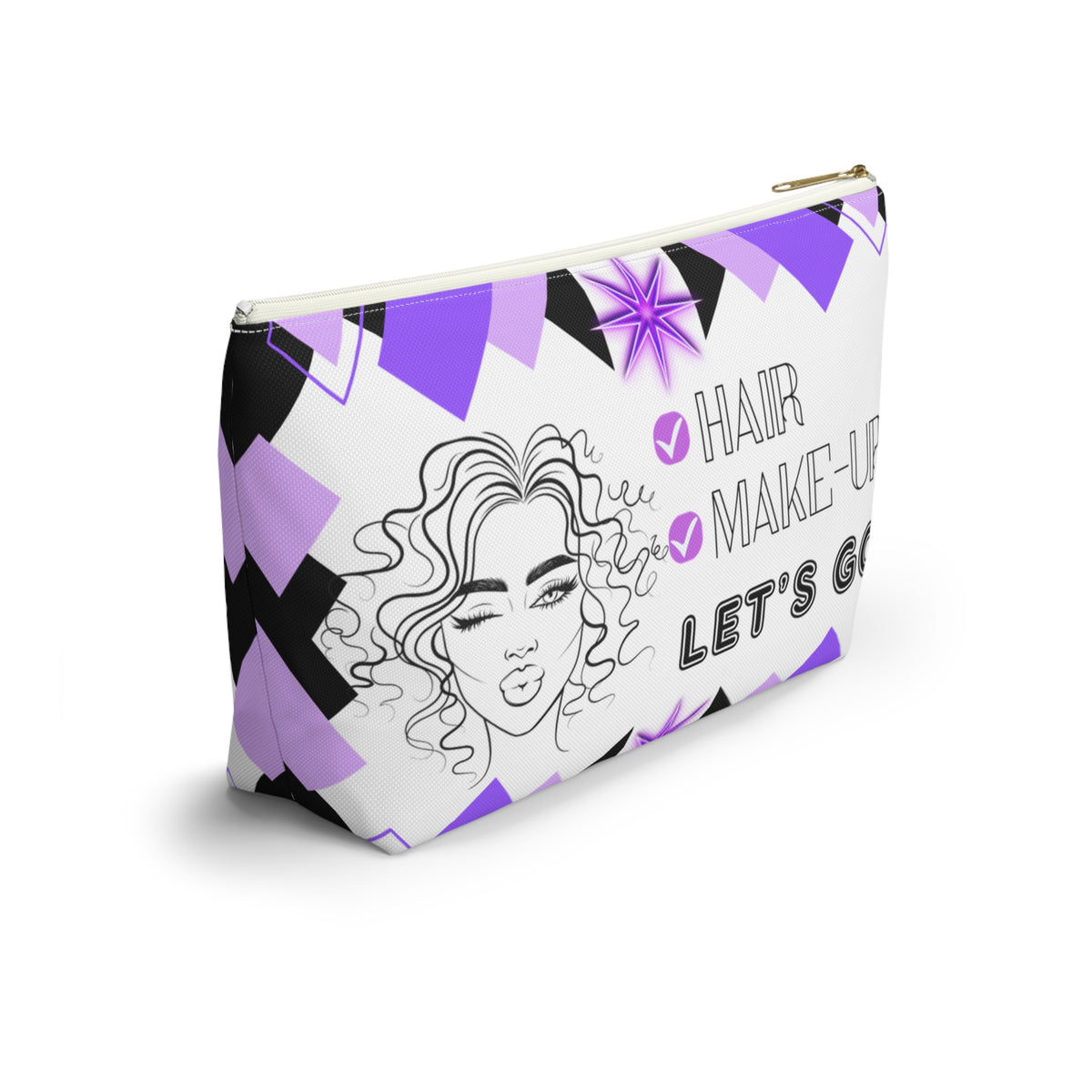 Hair Make up Let's go themed travel pouch with geometric design and face illustration on a white background with white zipper side view