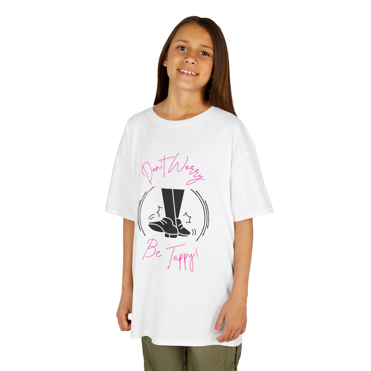 Young girl wearing a youth Gildan 5000B heavy cotton t-shirt in white with a Don't Worry Be Tappy Tap Shoe design