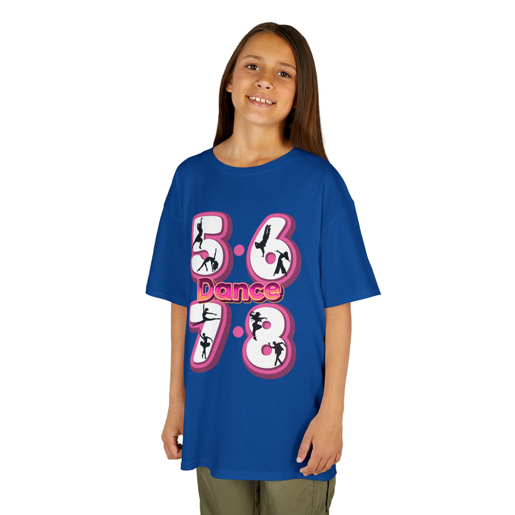 Young girl wearing a Gildan 5000B heavy cotton t-shirt in royal with a 5678 Dance text and graphic