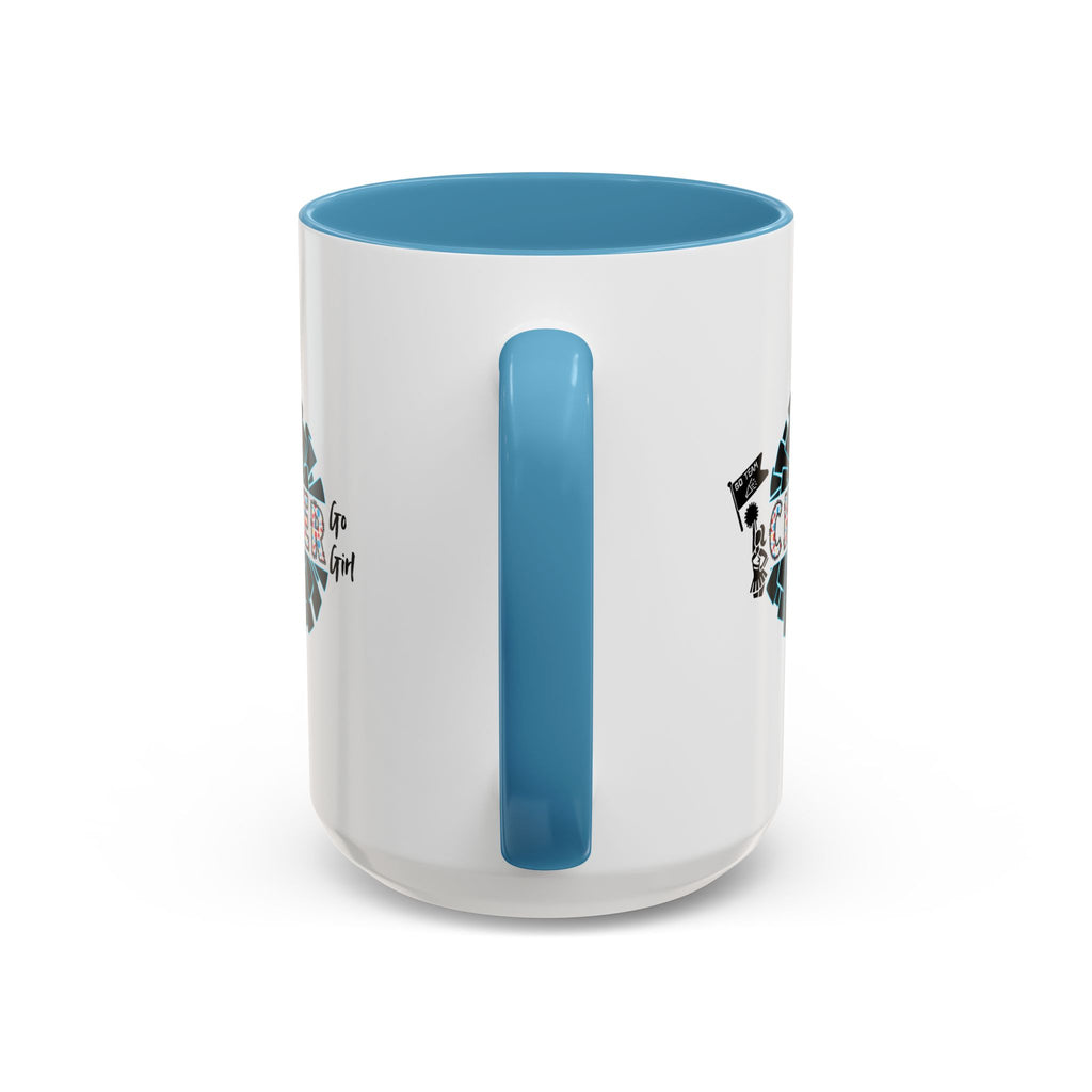 15oz white ceramic Cheer mug with light blue handle and interior Handle view