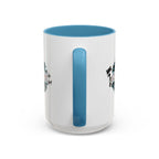 15oz white ceramic Cheer mug with light blue handle and interior Handle view