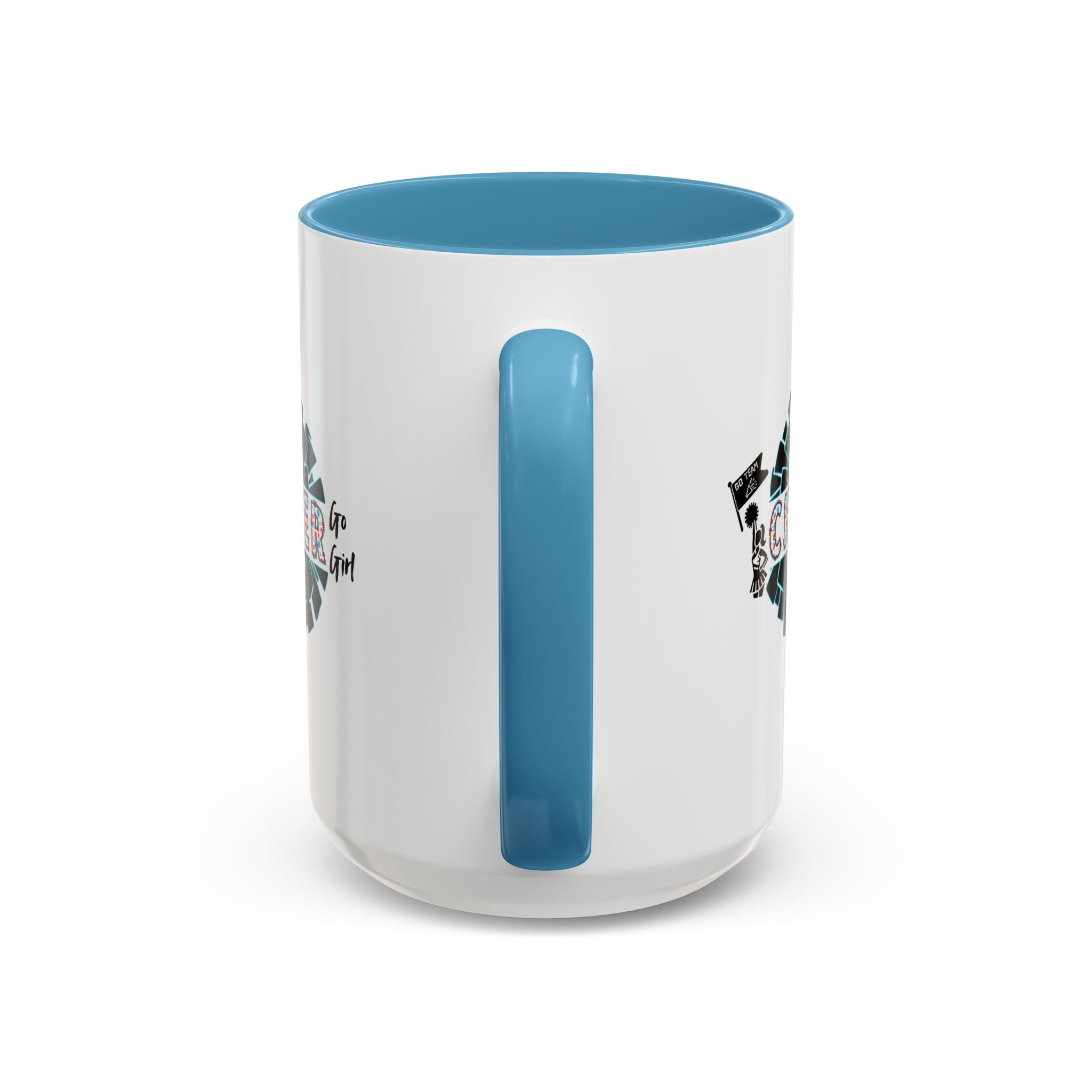 15oz white ceramic Cheer mug with light blue handle and interior Handle view
