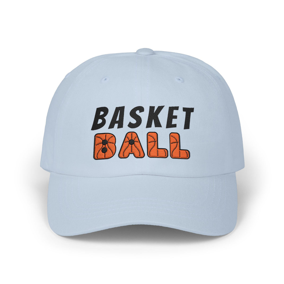 Light blue embroidered classic dad cap hat with Basketball text and graphic Front view