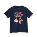 Front view of a youth Gildan 5000B heavy cotton t-shirt in navy with an Inside Every Dancer is a Beginner that Fell in Love theme