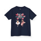 Front view of a youth Gildan 5000B heavy cotton t-shirt in navy with an Inside Every Dancer is a Beginner that Fell in Love theme