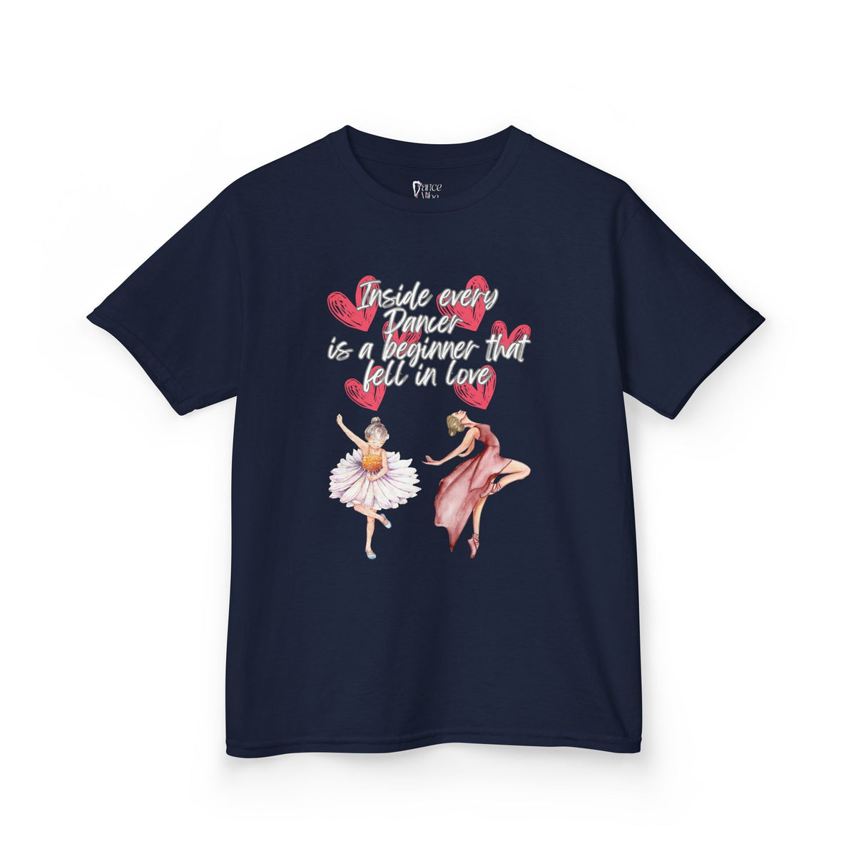 Front view of a youth Gildan 5000B heavy cotton t-shirt in navy with an Inside Every Dancer is a Beginner that Fell in Love theme