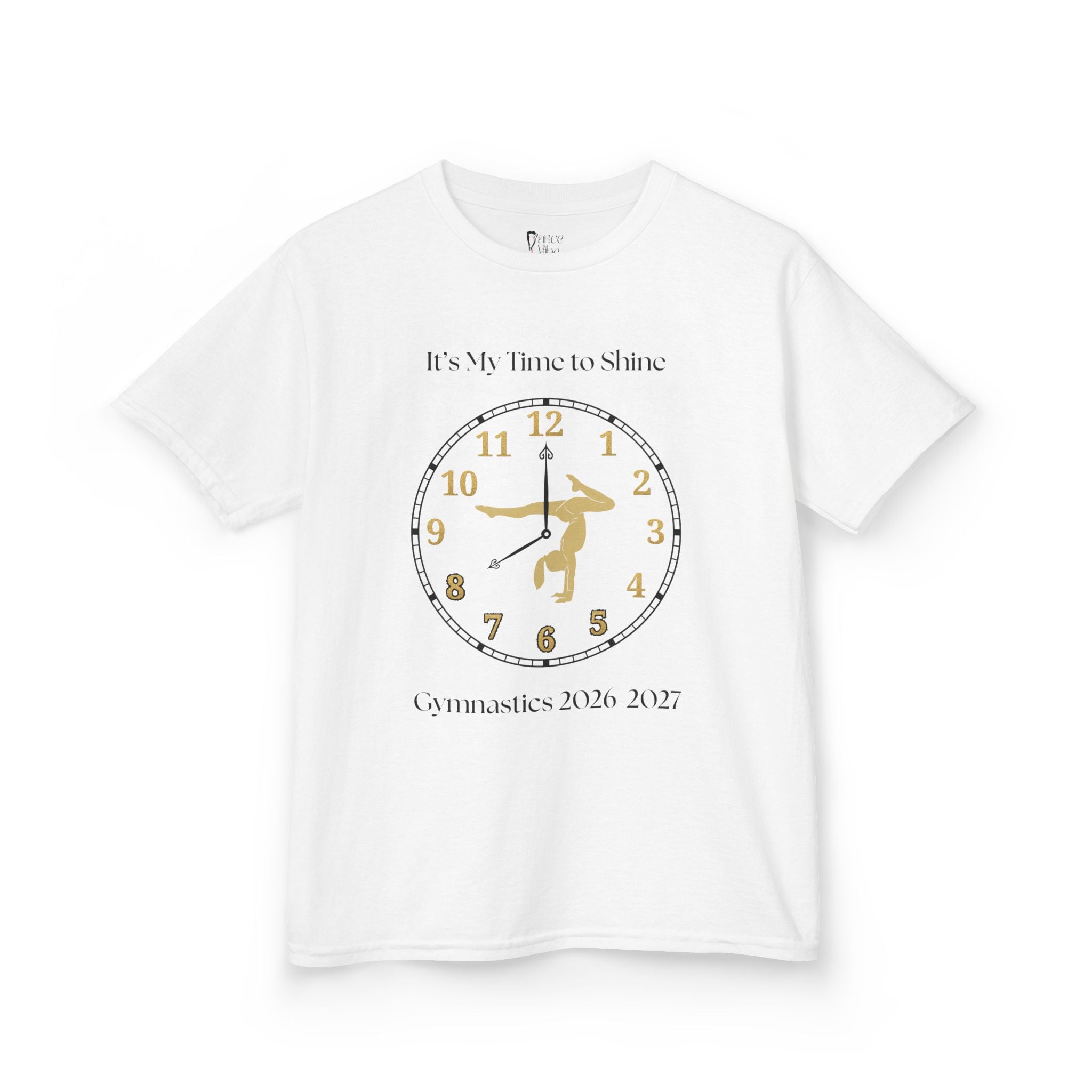 Front view of a youth Gildan 5000B heavy cotton t-shirt in white with an It's My Time to Shine Gymnastics 2026-2027 theme