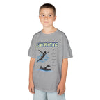 Young boy wearing a youth Gildan 5000B heavy cotton t-shirt in sport grey with a Swimming text and graphic