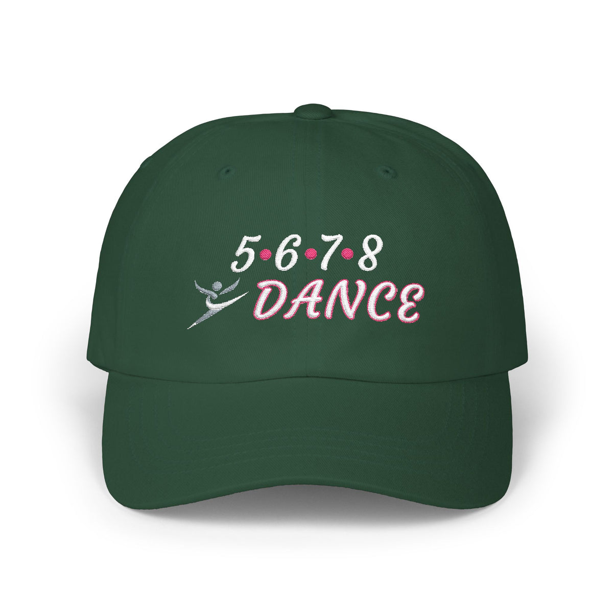 A spruce baseball cap featuring the text 5-6-7-8 DANCE embroidered on the front, with a small dancer silhouette at the bottom.