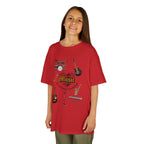 Young girl wearing a youth Gildan 5000B heavy cotton t-shirt in red with a Music A Universal Language theme