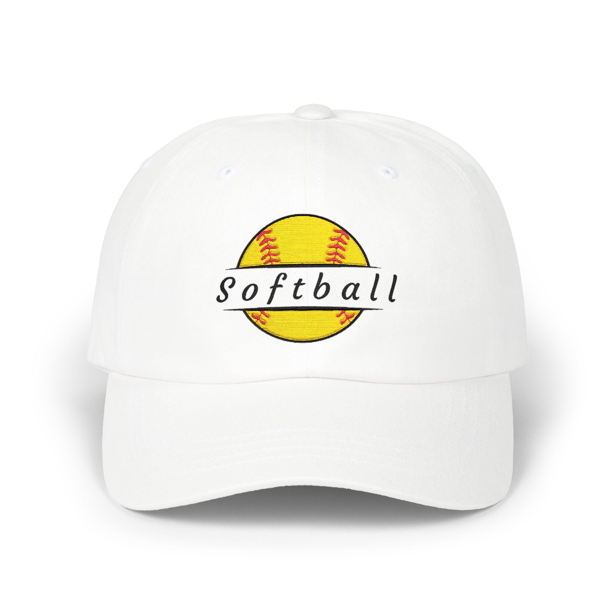 White embroidered classic dad cap hat with a Softball text and graphic Front view