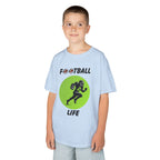 Young boy wearing a youth Gildan 5000B heavy cotton t-shirt in light blue with a Football Life text and graphic