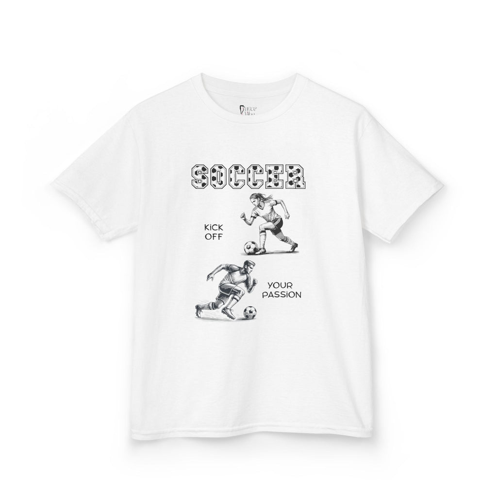 Front view of a youth Gildan 5000B heavy cotton t-shirt in white with a Soccer text and graphic
