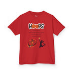 Front view of a youth Gildan 5000B heavy cotton t-shirt in red featuring a Girls Basketball design