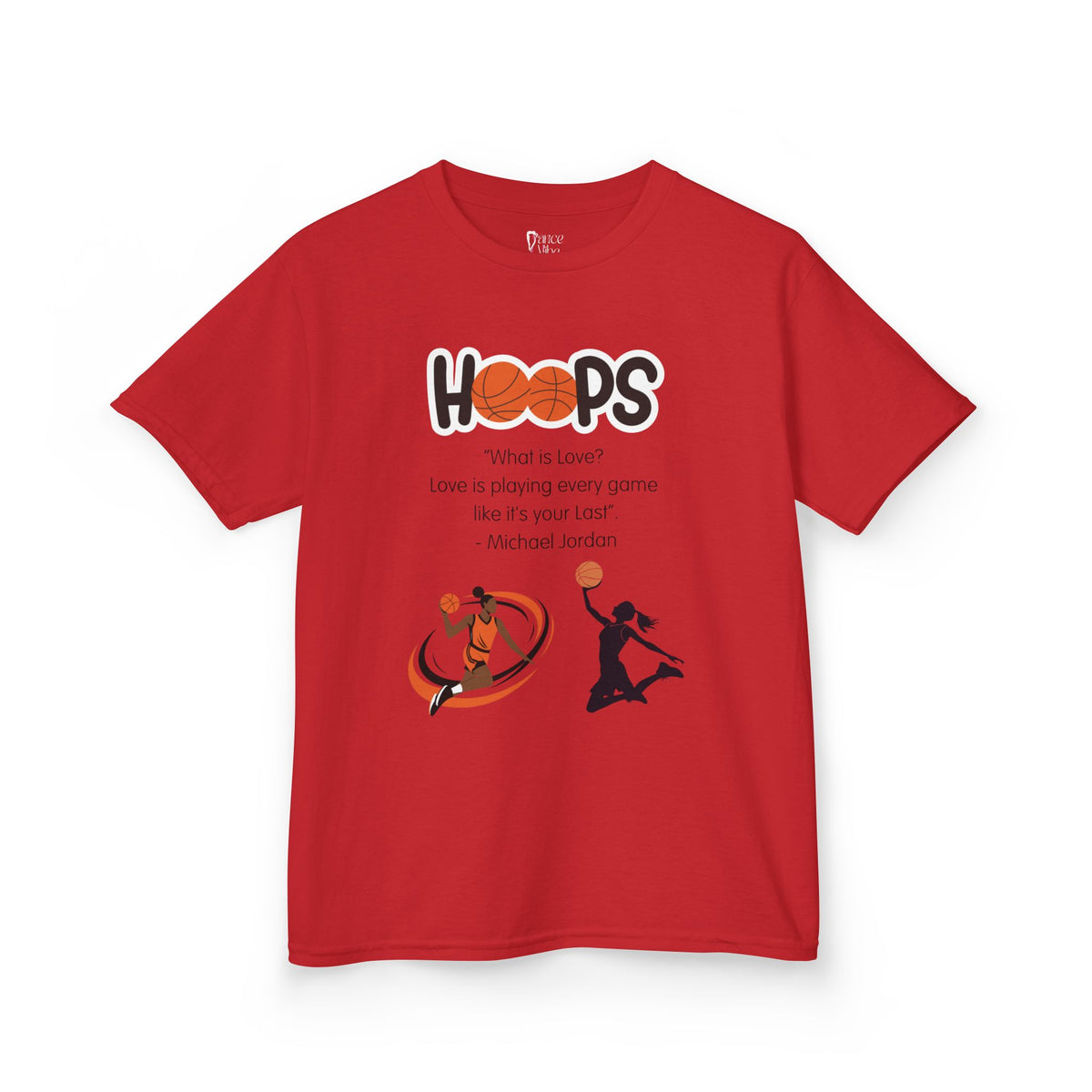 Front view of a youth Gildan 5000B heavy cotton t-shirt in red featuring a Girls Basketball design