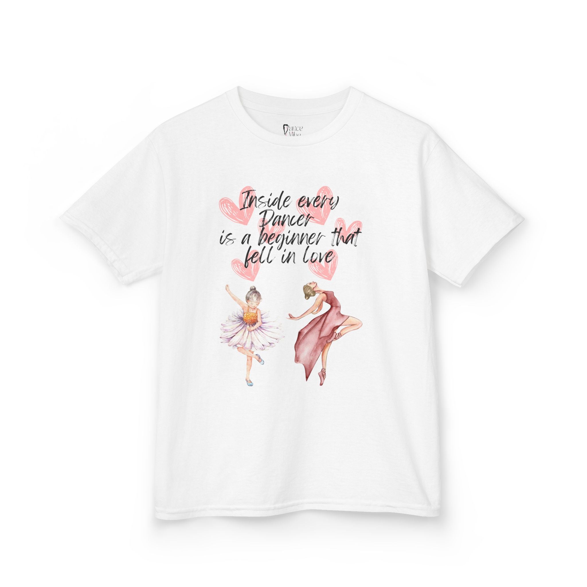 Front view of a youth Gildan 5000B heavy cotton t-shirt in white with an Inside Every Dancer is a Beginner that Fell in Love theme