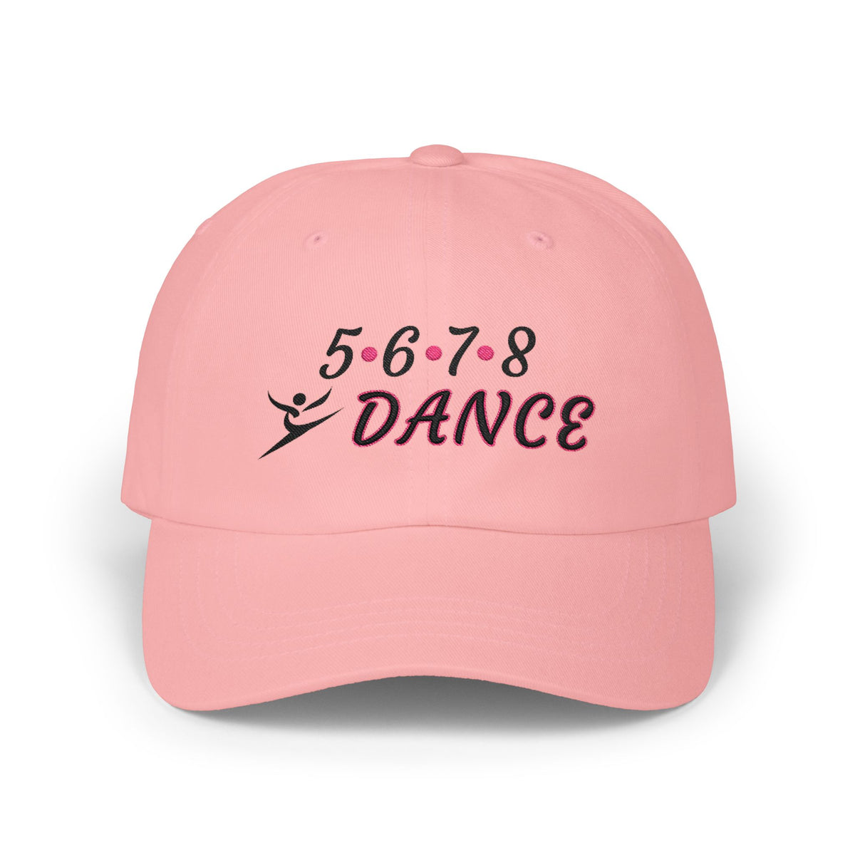 Pink embroidered classic dad cap hat with a 5 6 7 8 Dance text and graphic Front view