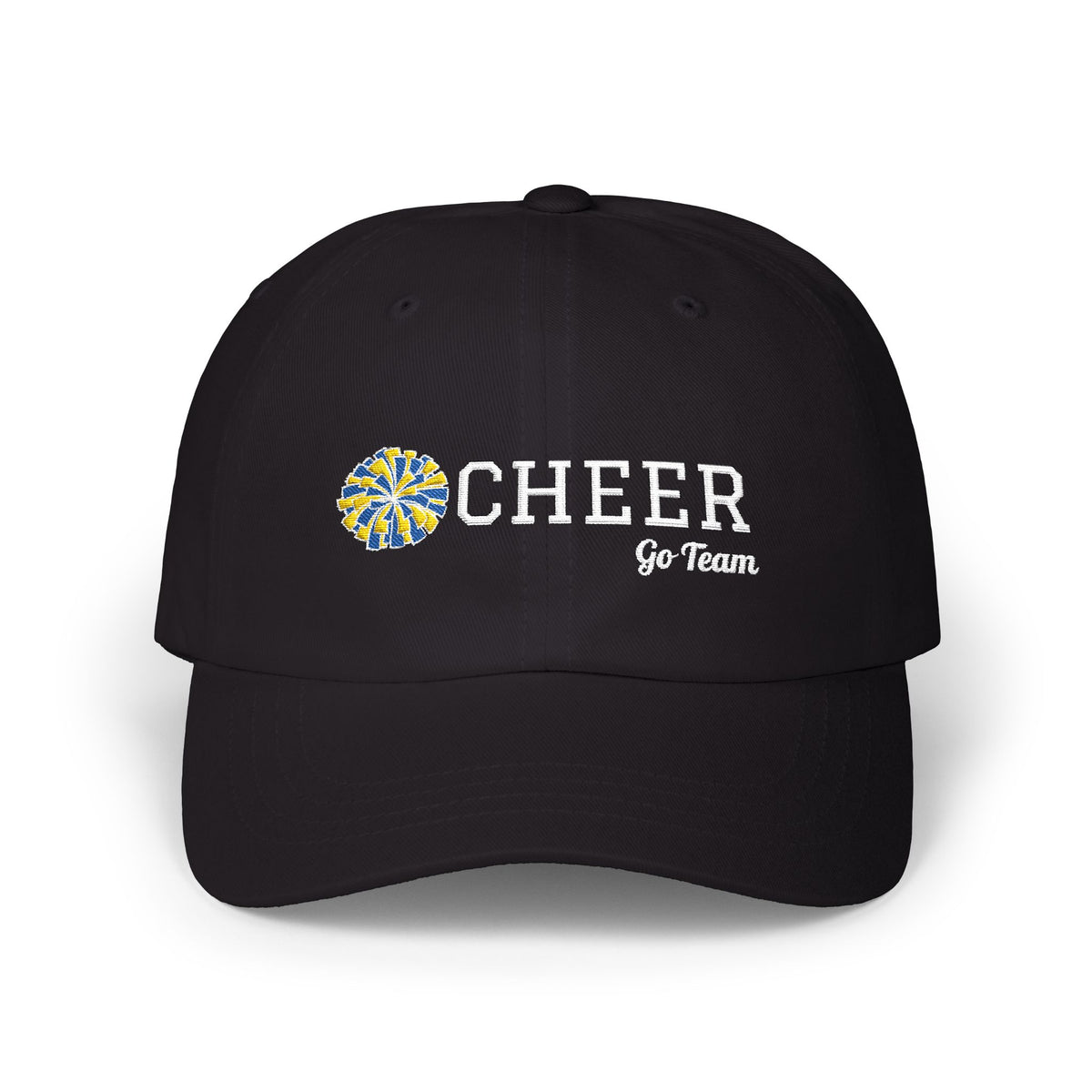 Black cap with CHEER Go Team text and logo embroidery.