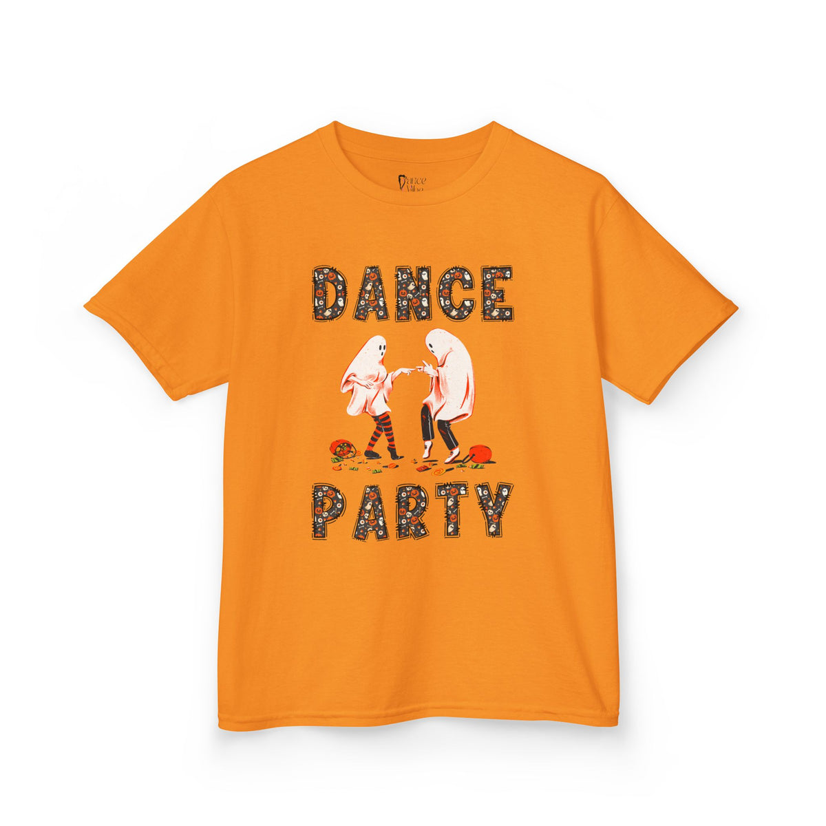 Front view of a youth Gildan 5000B heavy cotton t-shirt in tennessee orange with a Halloween Dance Party theme