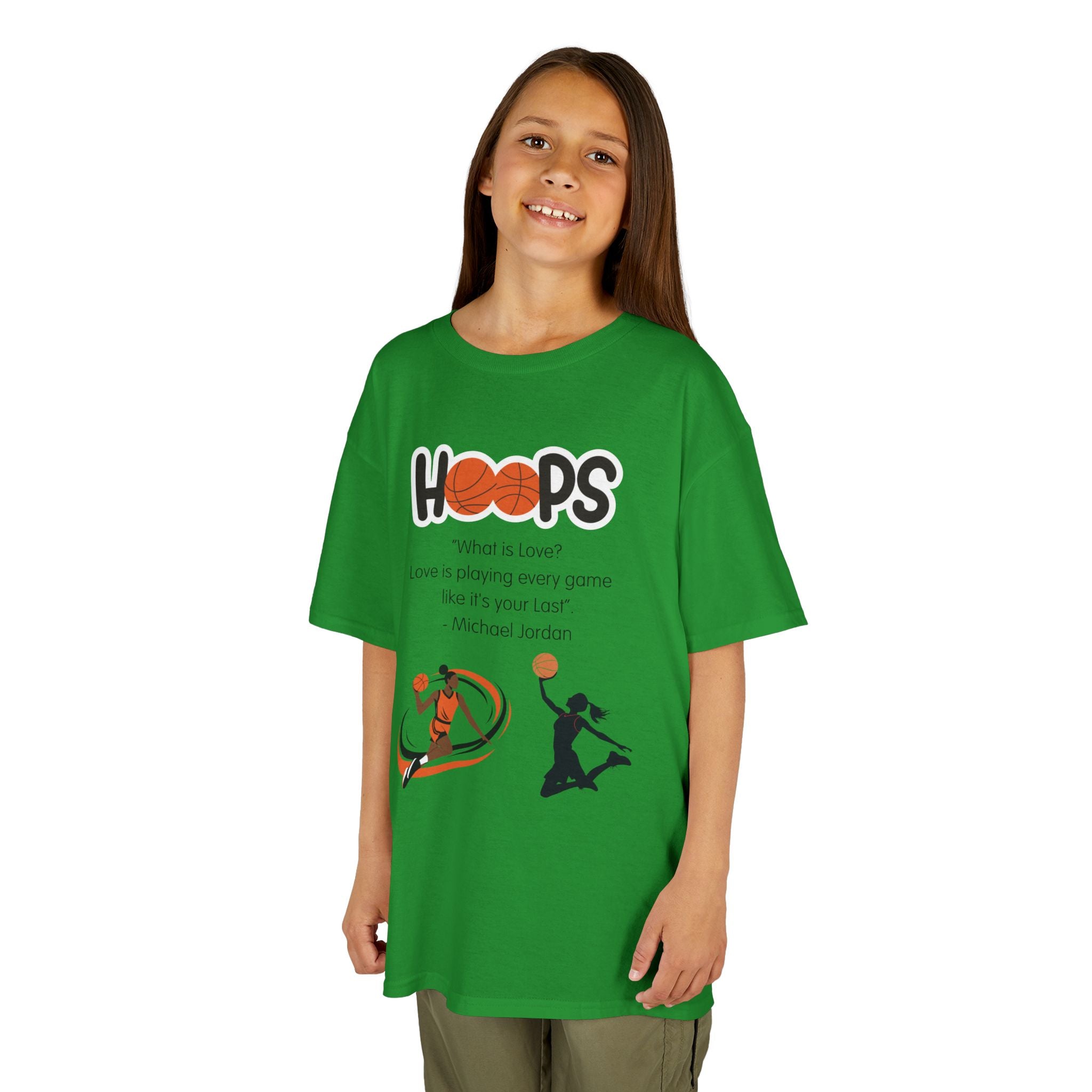 Young girl wearing a youth Gildan 5000B heavy cotton t-shirt in irish green featuring a Girls Basketball design