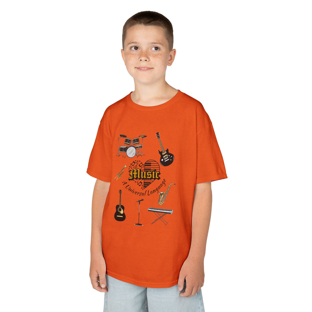 Young boy wearing a youth Gildan 5000B heavy cotton t-shirt in orange with a Music A Universal Language theme