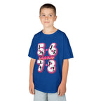 Young boy wearing a Gildan 5000B heavy cotton t-shirt in royal with a 5678 Dance text and graphic