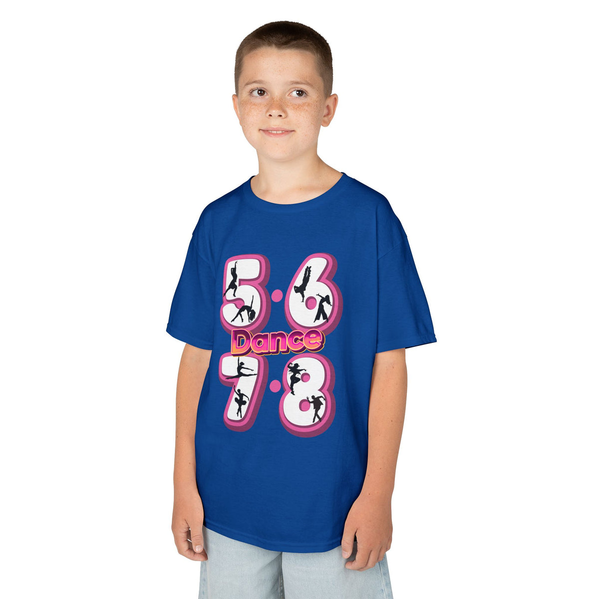 Young boy wearing a Gildan 5000B heavy cotton t-shirt in royal with a 5678 Dance text and graphic