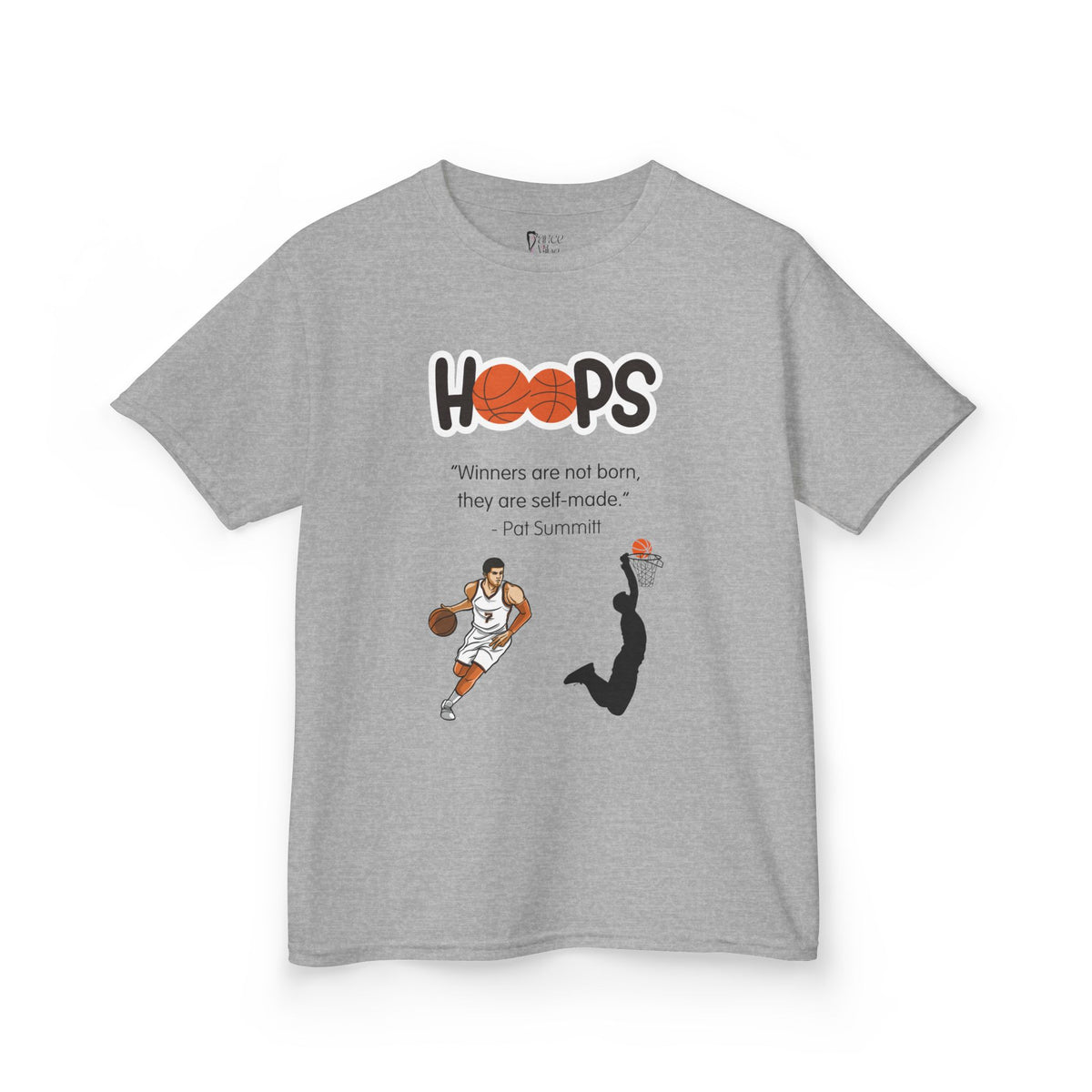 Front view of a youth Gildan 5000B heavy cotton t-shirt in sport grey with a Boys Basketball theme